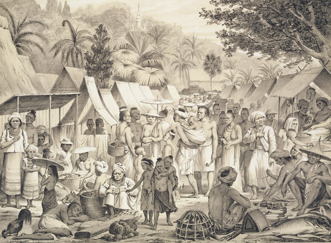 Marked i Luang Prabang, Laos, illustration fra 