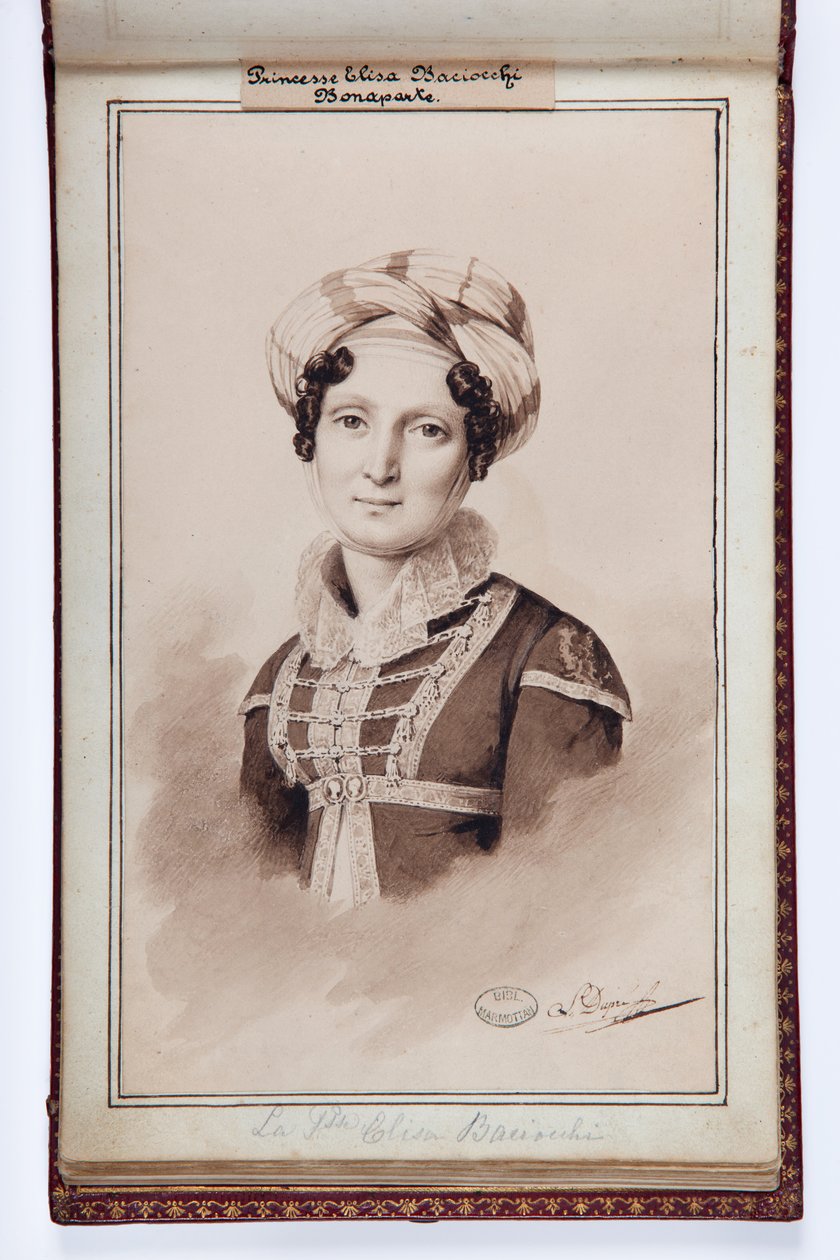 Portræt af Elisa Bonaparte, prinsesse Baciocchi, illustration fra Elisa Bonapartes lille album, ca.1820 (pen og blæk på papir) af Louis Dupré