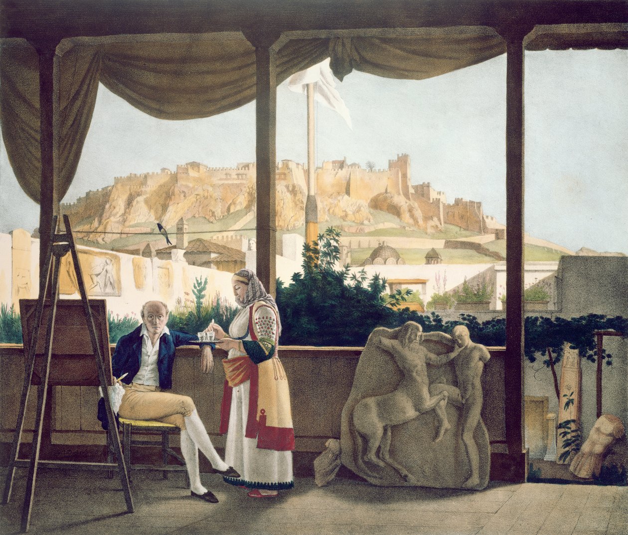 Den franske konsul, Monsieur Fauvel, på terrassen i sit hus i Athen, graveret af brødrene Thierry, 1825 af Louis Dupré