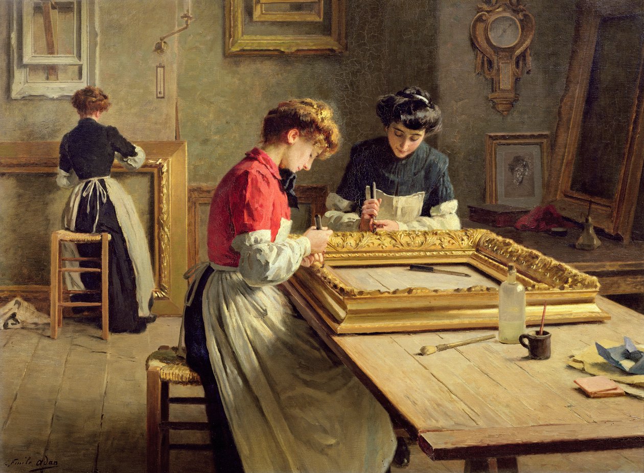 Interiør af et rammeforgyldningsværksted af Louis Emile Adan