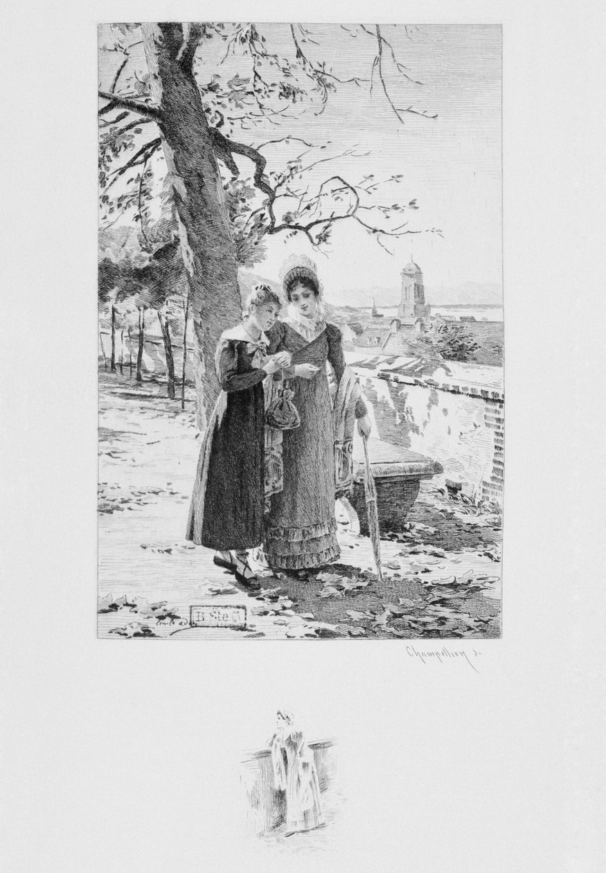 Madame Aubain og Felicite, illustration fra "Un coeur simple" af Gustave Flaubert (1821-80) udgivet i 1894, graveret af Eugene Andre Champollion (1848-1901) Paris, Libraire Editeur A. Ferroud (etchi) af Louis Emile Adan