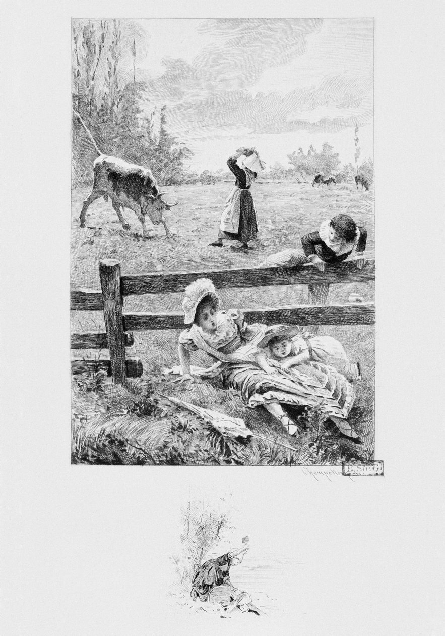 Tjeneren Felicite og tyren, illustration fra "Un coeur simple" af Gustave Flaubert (1821-80) udgivet 1894, graveret af Eugene Andre Champollion (1848-1901) Paris, Libraire Editeur A. Ferroud af Louis Emile Adan