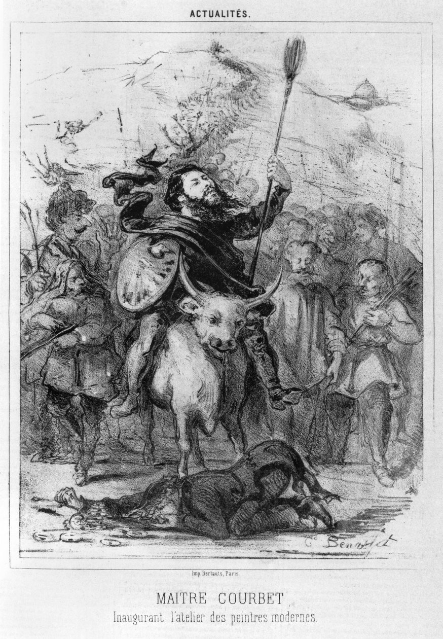 Maitre Courbet indvier moderne malers værksted, karikatur fra Le Boulevard, 1862 (bw foto) af Louis Emile Benassit