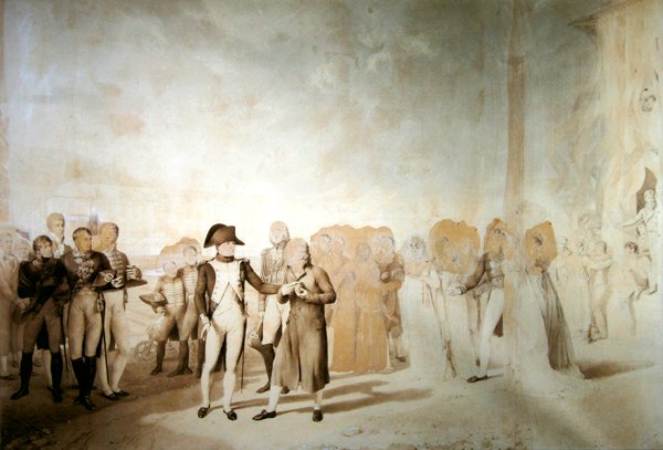 Napoleon besøger fabrikken i Jouy-en-Josas, 20. juni, 1806 (pen & sepia blæk på papir) af Eugene Isabey