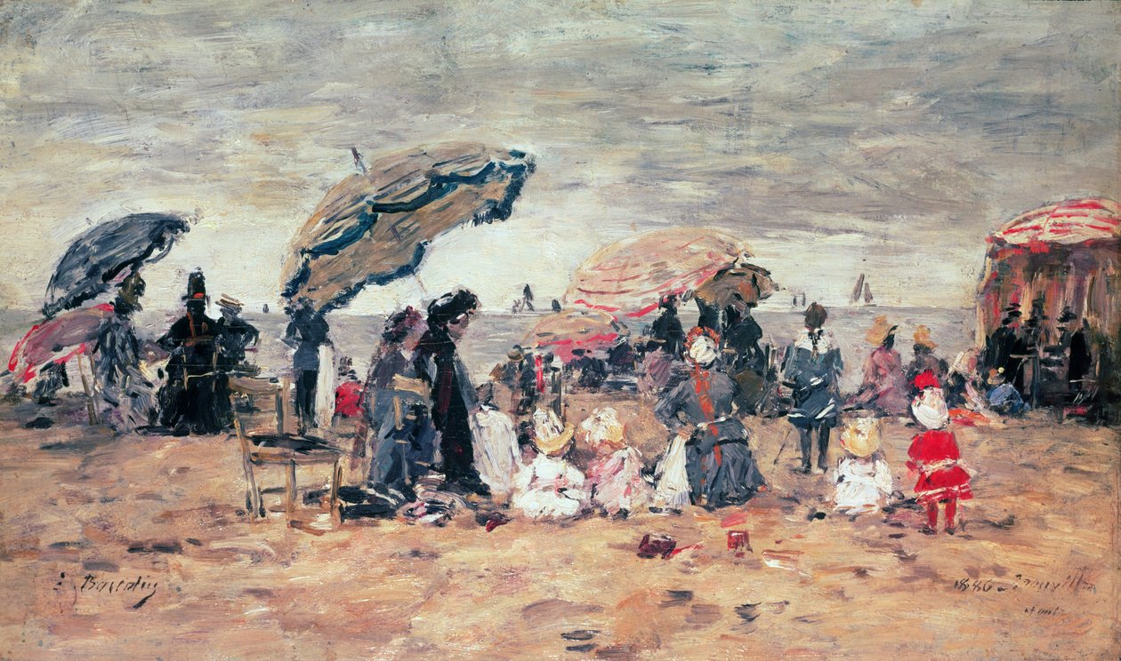 Parasoller på stranden, Trouville, 1886 (panel) af Eugene Louis Boudin