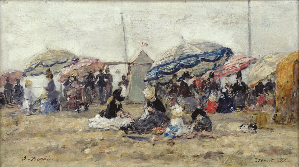 Parasoller på stranden i Trouville, 1886 (olie på træ) af Eugene Louis Boudin