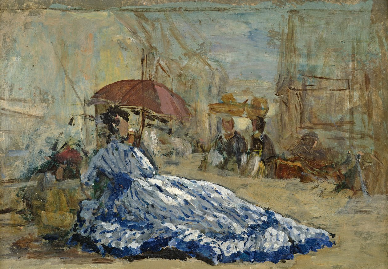 Kvinde i blå kjole under parasol, ca. 1865 (olie på kort) af Eugene Louis Boudin