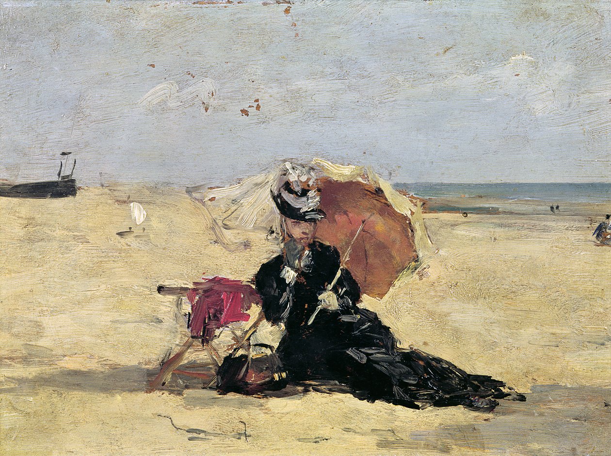 Kvinde med en parasol på stranden, 1880 af Eugene Louis Boudin