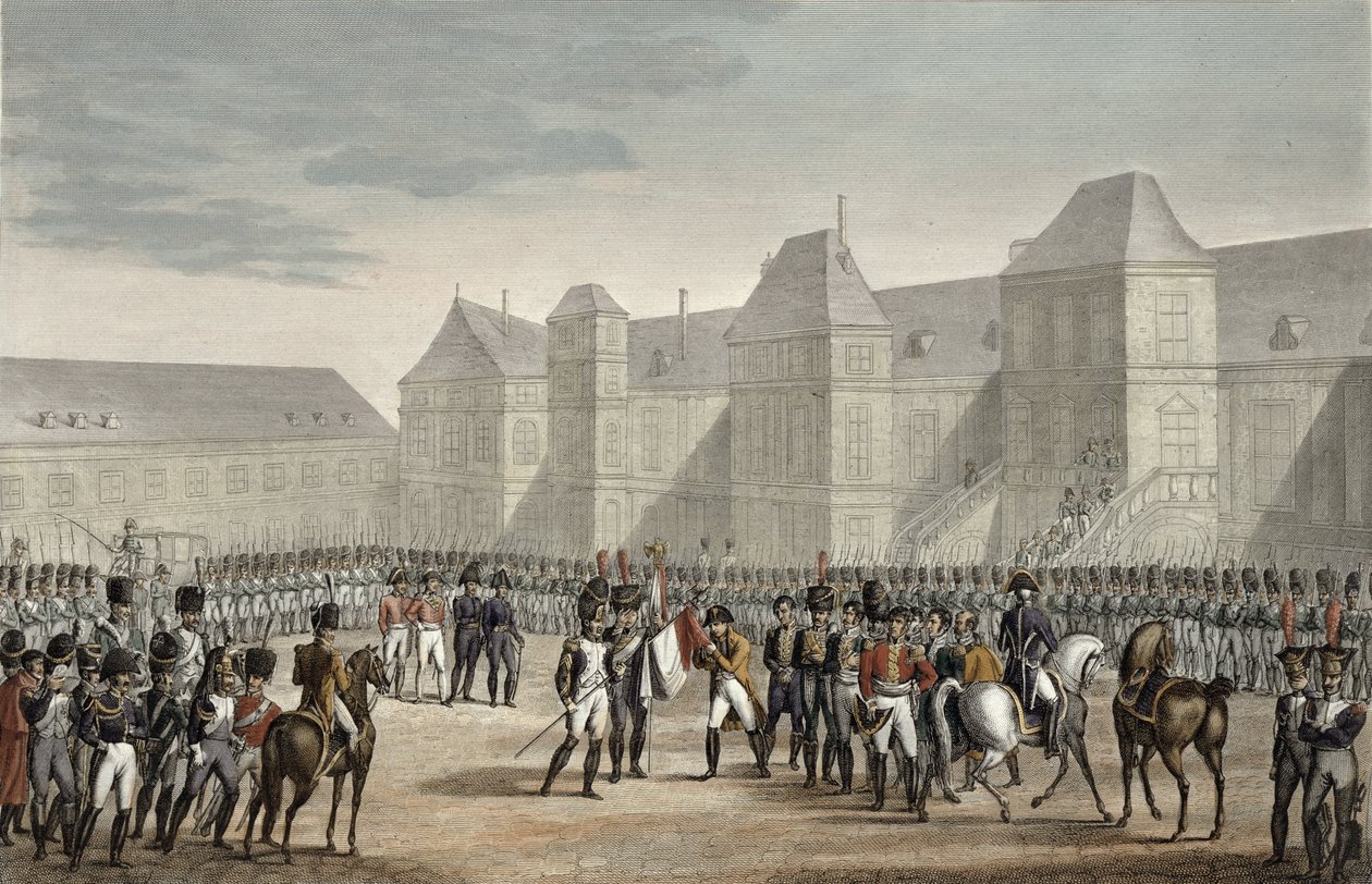 Napoleons abdikation og hans afgang fra Fontainebleau til øen Elba, 20. april 1814, indgraveret af Francois Pigeot (f.1775) (akvatint) af Louis Francois Couche