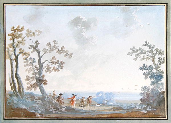 Jægere i et landskab: Et sæt vedhæng, 1784 (se 309376 for par) af Louis Gabriel Moreau