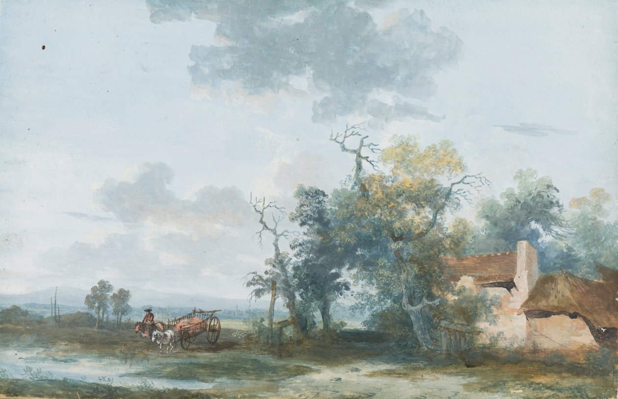Landskab med stråtækt sommerhus og en mand på hest og vogn af Louis Gabriel Moreau