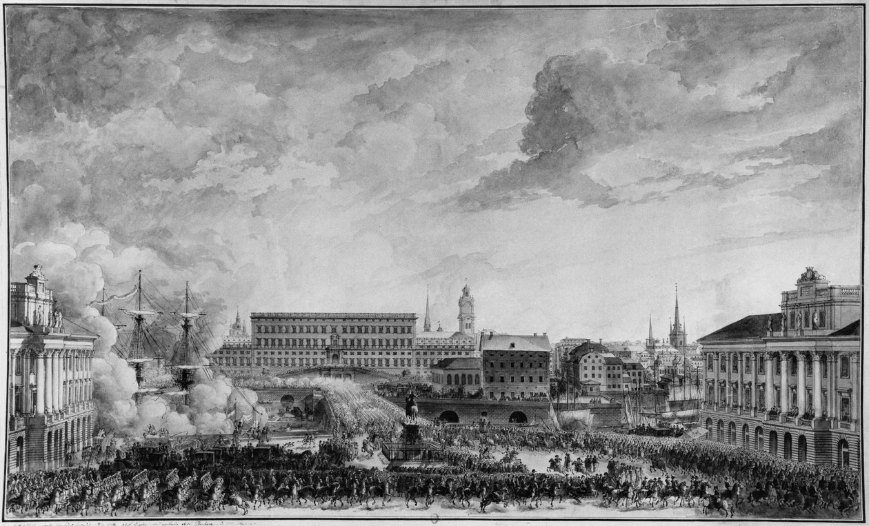 Udsigt over Stockholm, slutningen af det 18. århundrede (pen og vask på papir) af Louis Jean Desprez