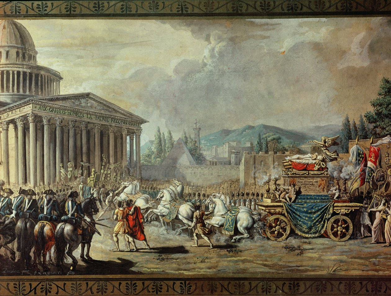 Oversættelsen af de dødelige rester af Voltaire (1694-1778) til Pantheon i Paris den 10. juli 1791 (detaljer) af Louis Jean François Lagrenée
