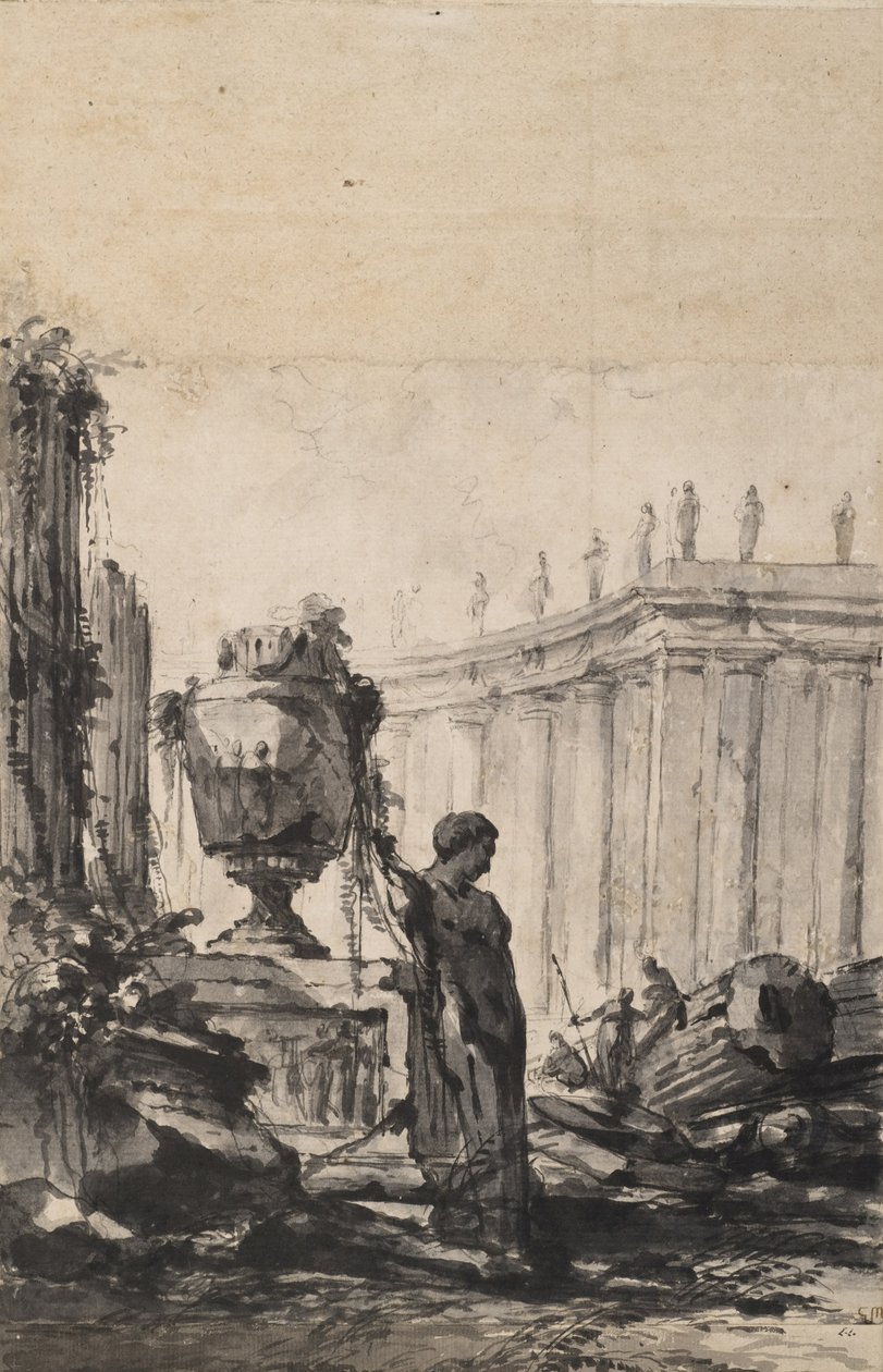 Arkitektonisk fantasi med vase, Herm og søjlegang af Louis Joseph Le Lorrain