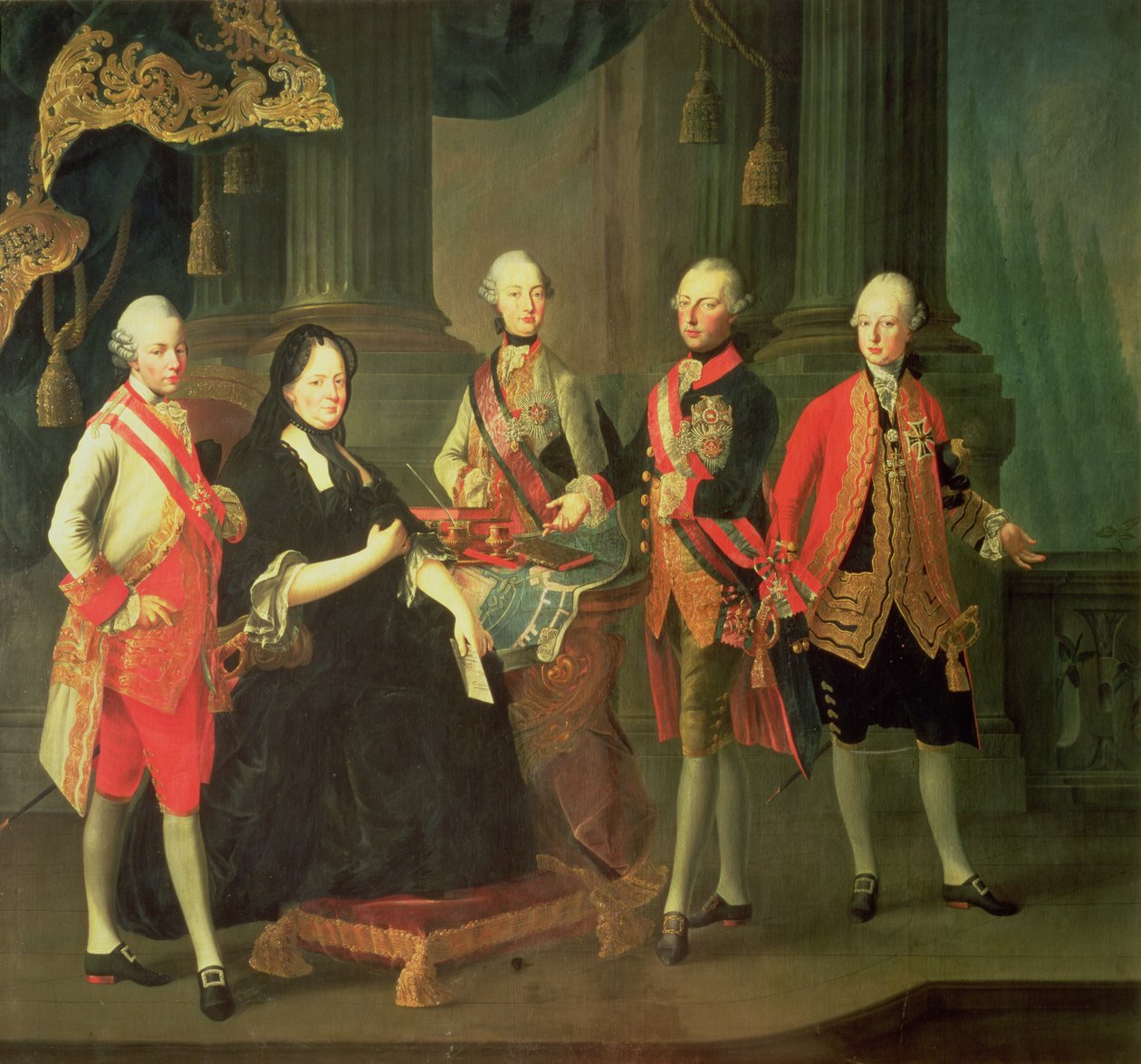 Kejserinde Maria Theresia af Østrig (1717-80) med fire af sine sønner; (LtoR) Joseph (1741-90), Ferdinand (1754-1806), Leopold (1747-92) og Maximilian (1756-1801) af Louis Joseph Maurice