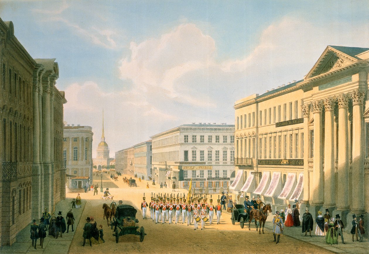 Politibroen og Nevsky avenue i Skt. Petersborg, trykt af Lemercier, Paris, 1840