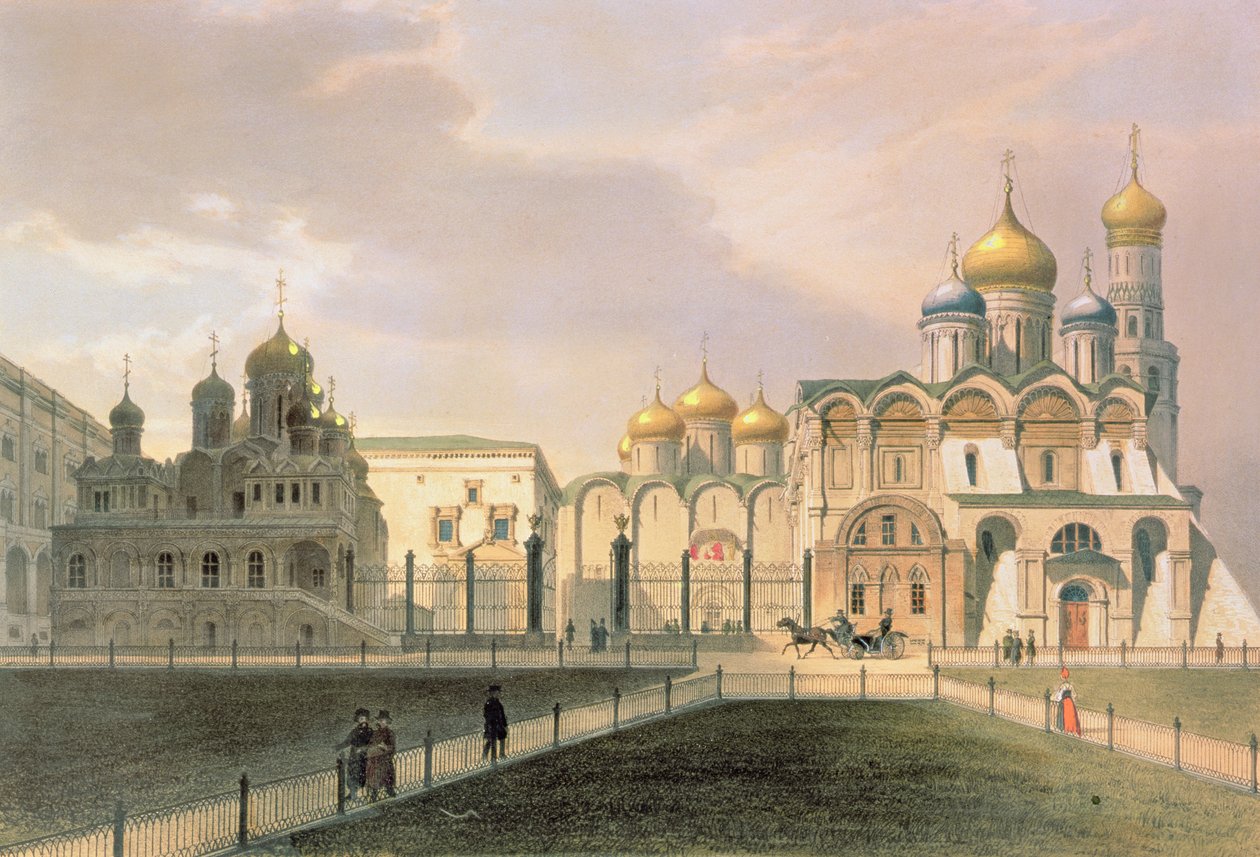 Udsigt over katedraler i Moskva Kreml, trykt af Lemercier, Paris, 1840