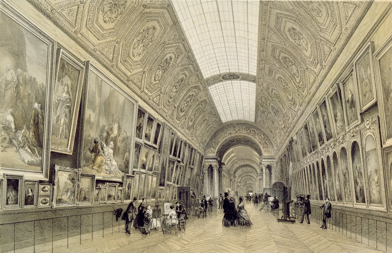 Udsigt over det store galleri på Louvre, ca.1850-70 af Louis Jules Arnout