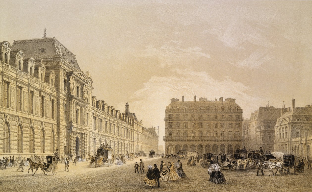 Udsigt over facaden af Louvre, Rue de Rivoli og Palais Royal, 1855 af Louis Jules Arnout