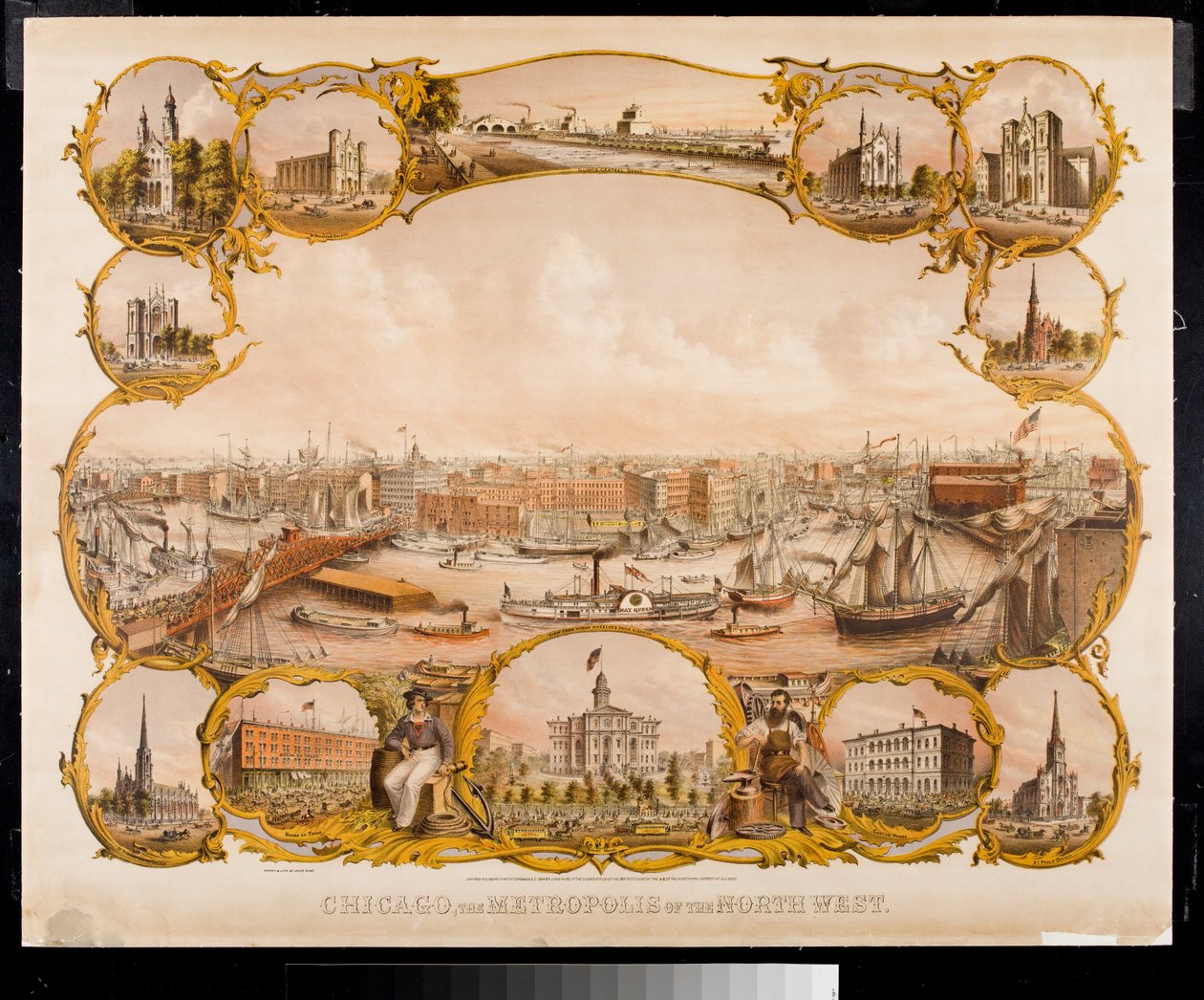 Litografi af Chicago med skelsættende bygninger, 1864 af Louis Kurtz