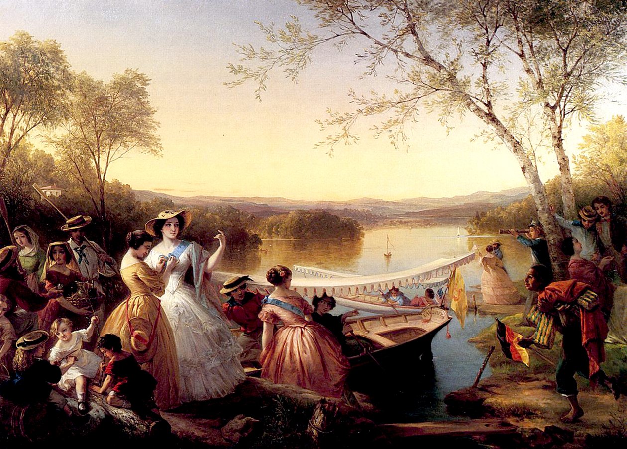 Før en damebåds kapsejlads, Lake Mahopac, 1864-65 af Louis Lang