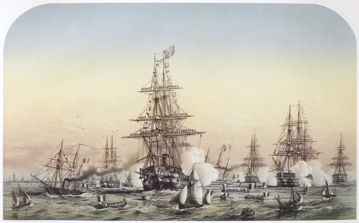 Napoleon III i Calais, hvor han besøger den britiske eskadre, der er på vej til Krim. 14. juli 1854 af Louis Le Breton