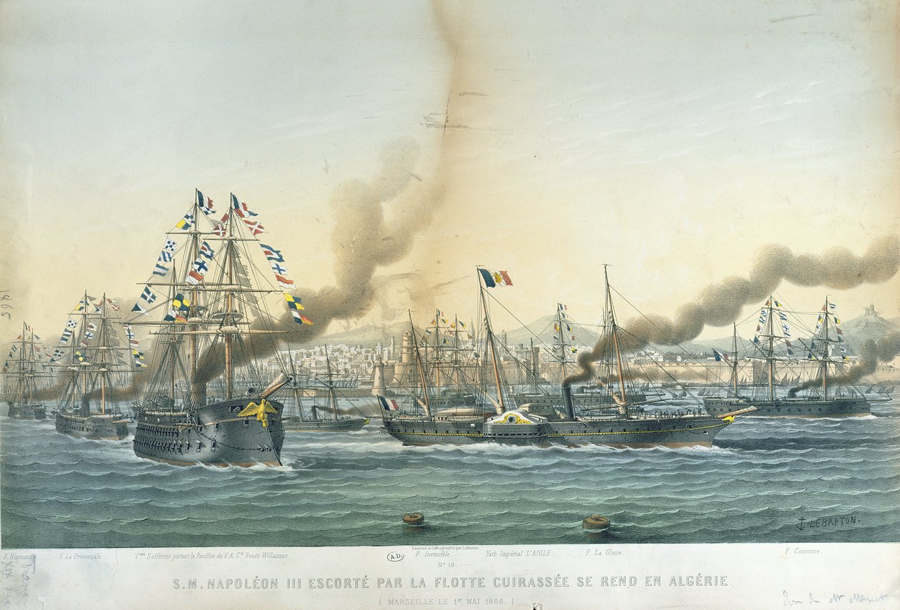 Napoleon IIIs (1808-73) ankomst til Algeriet med en eskorte af slagskibe, 1. maj 1865 af Louis Le Breton