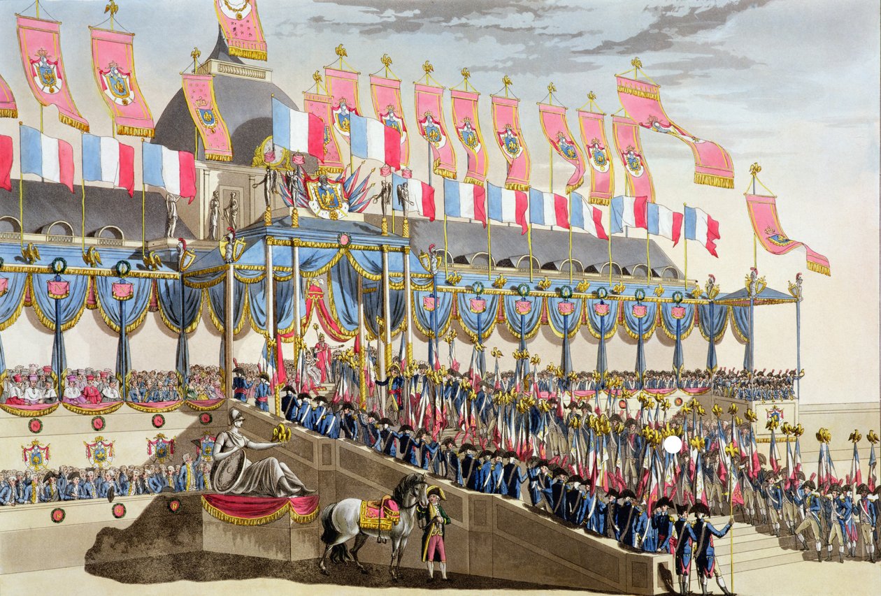 Hellig fest og kroning af deres kejserlige majestæter, udsigt over dekorationerne foran Ecole Militaire ved Champ du Mars, graveret af Francois Aubertin (1783-1821), udgivet 1806 af Louis Le Coeur