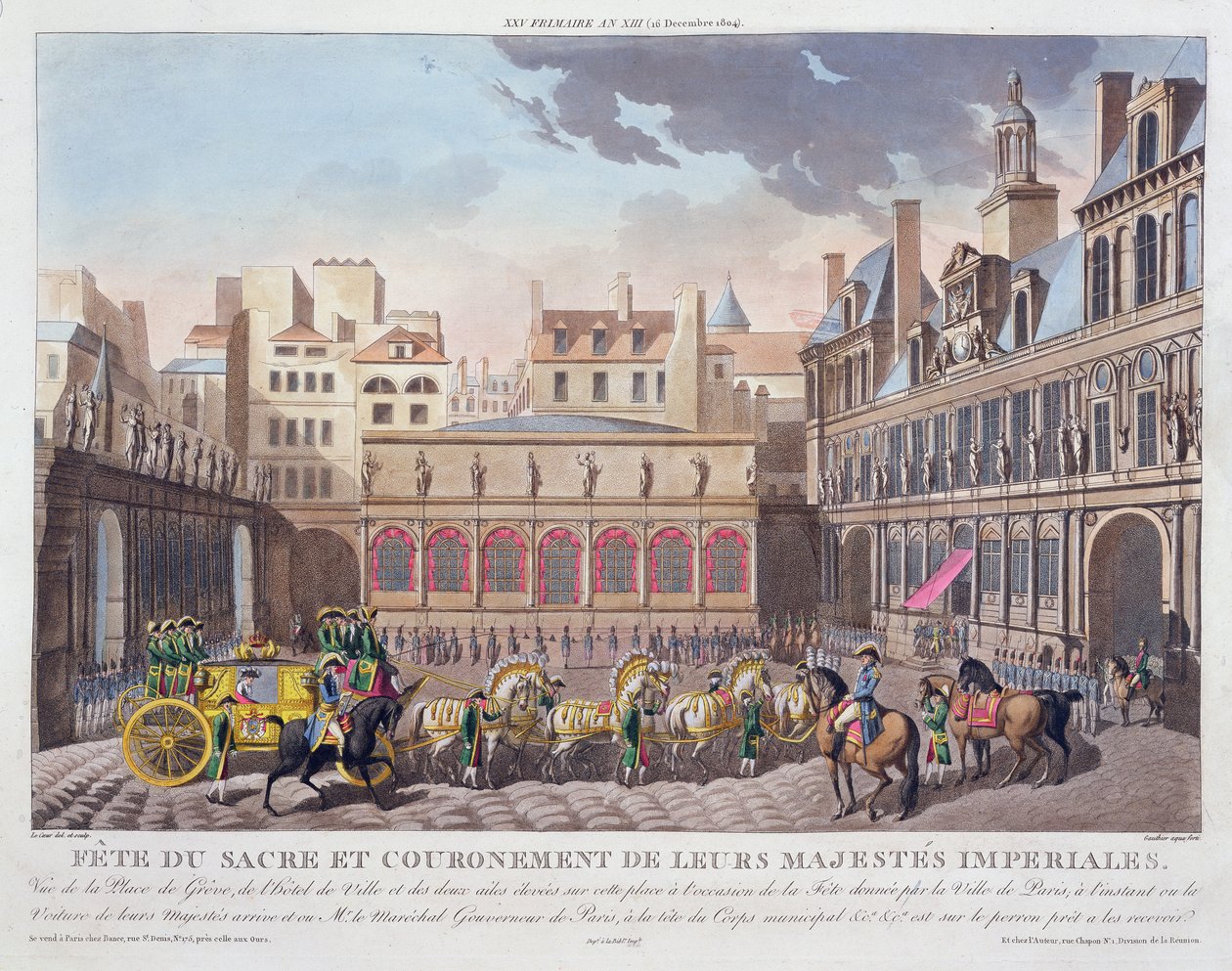 Hellig festival og kroning af deres kejserlige majestæter, udsigt over Place de Greve og Hotel de Ville, indgraveret af Gauthier, udgivet 1806 (håndtonet gravering) af Louis Le Coeur