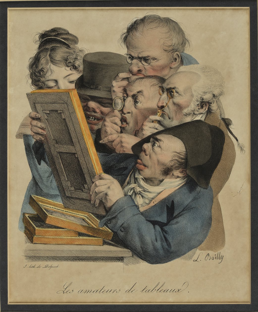Les Amateurs de Tableaux, 1823 (håndfarvet litho) af Louis Leopold Boilly