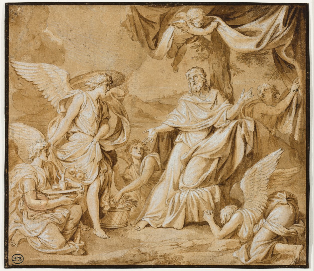 Engle, der tjener Kristus (pensel og blæk over grafit, med hvidt, på papir) af Louis Licherie de Beuron