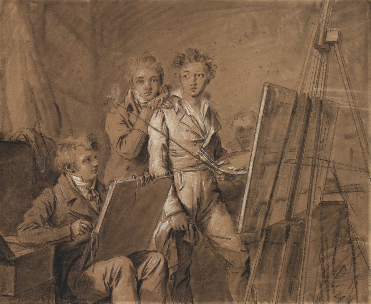 Tre unge kunstnere i et studie af Louis Leopold Boilly