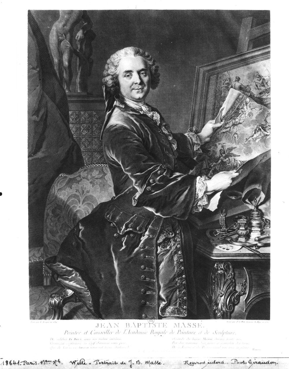 Jean Baptiste Masse (1687-1767) engraved by Johan Georg Wille (1715-1808) 1755 af Louis Tocqué