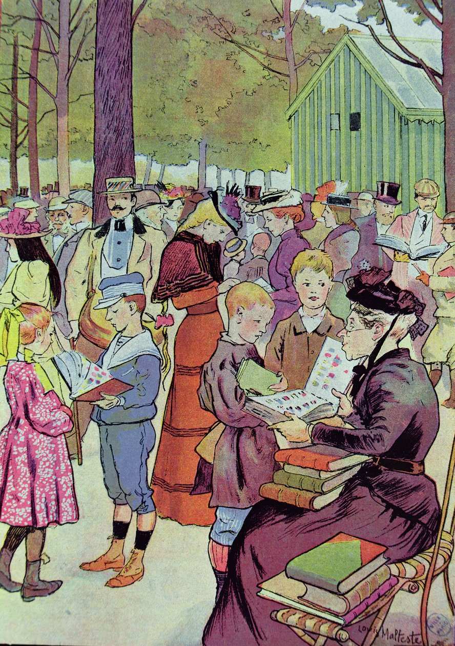 Frimærkemarked i Paris, 1897 (farvestik) af Louis Malteste