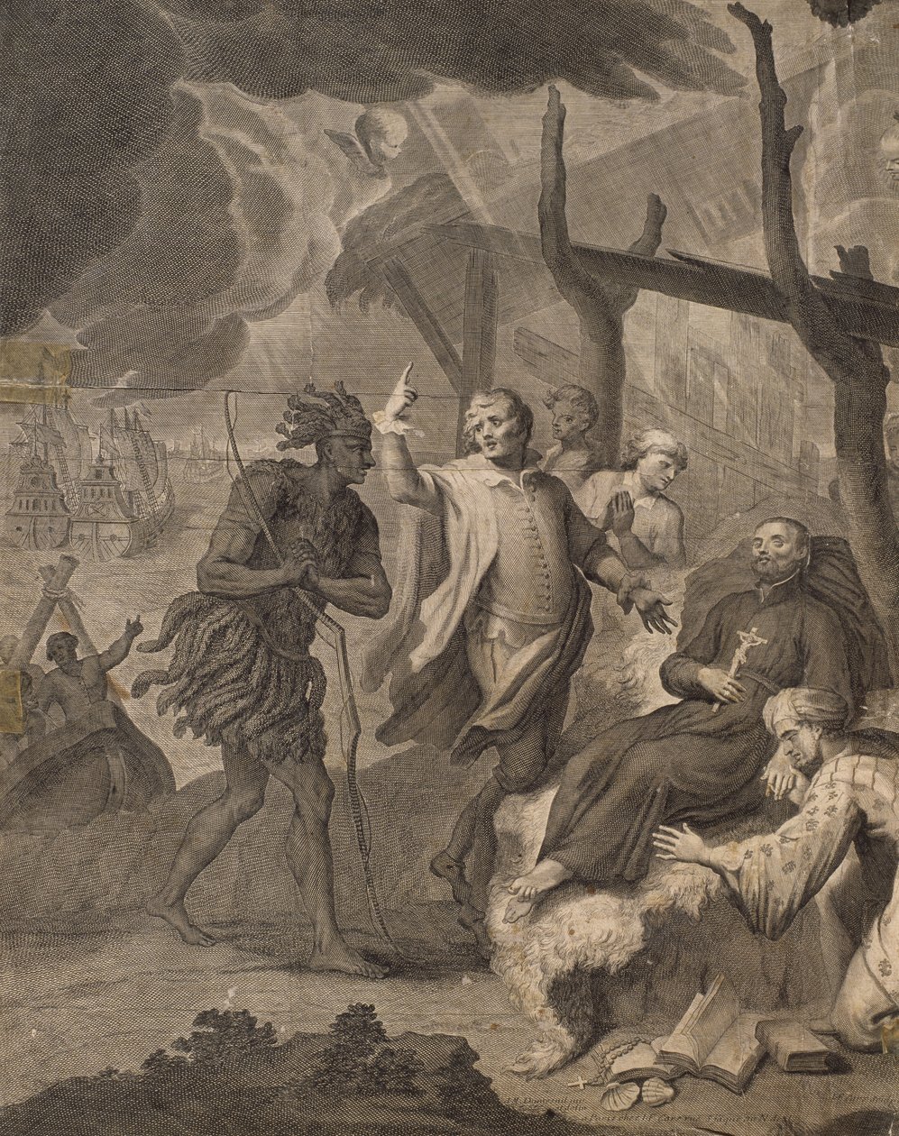 Den første franskmand, der ankommer til Canada, graveret af Laurent Cars (1699-1771) af Louis Michel Dumesnil