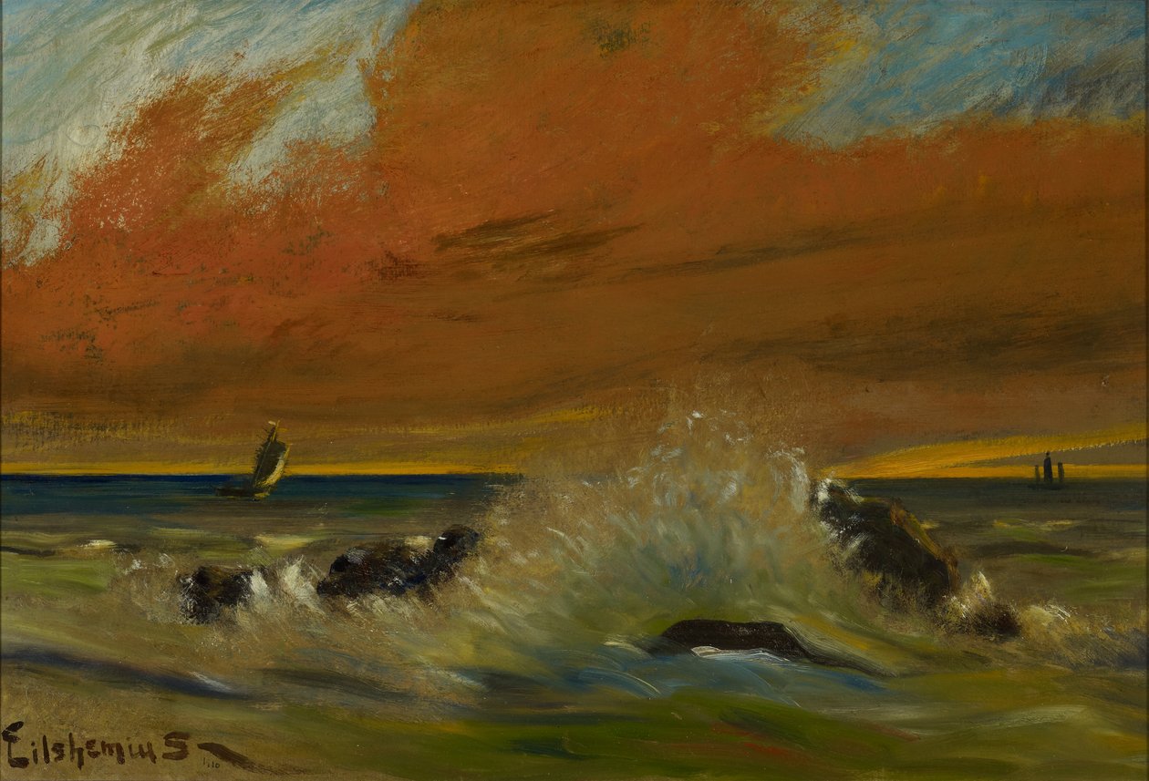 Solnedgang, 1916 (olie på papir monteret om bord) af Louis Michel Eilshemius