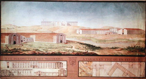 Perspective View of Tobacco Drying Factory, 1813 (wc på papir) af Louis Michel Phelippeaux