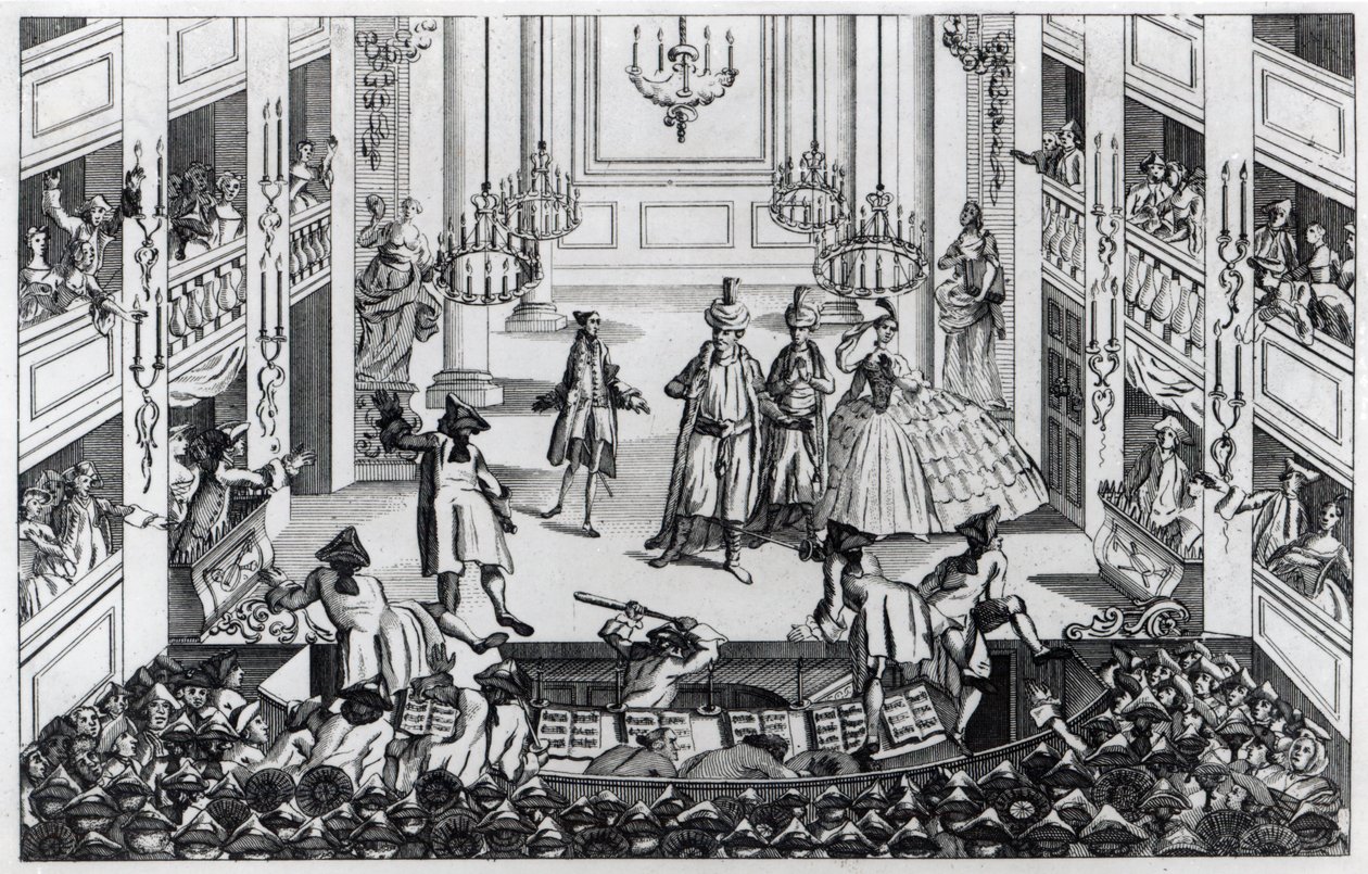 Oprør ved Covent Garden Theatre i 1763 som følge af, at lederne nægtede at indrømme halv pris i Artaxerxes Opera af Louis Philippe Boitard