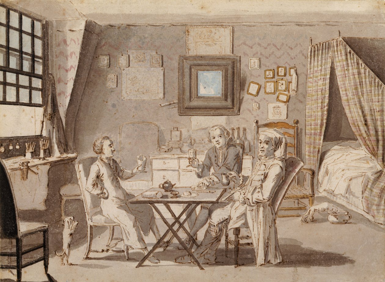 Selvportræt med to unge mænd (pen og brunt blæk og wc på papir) af Louis Philippe Boitard