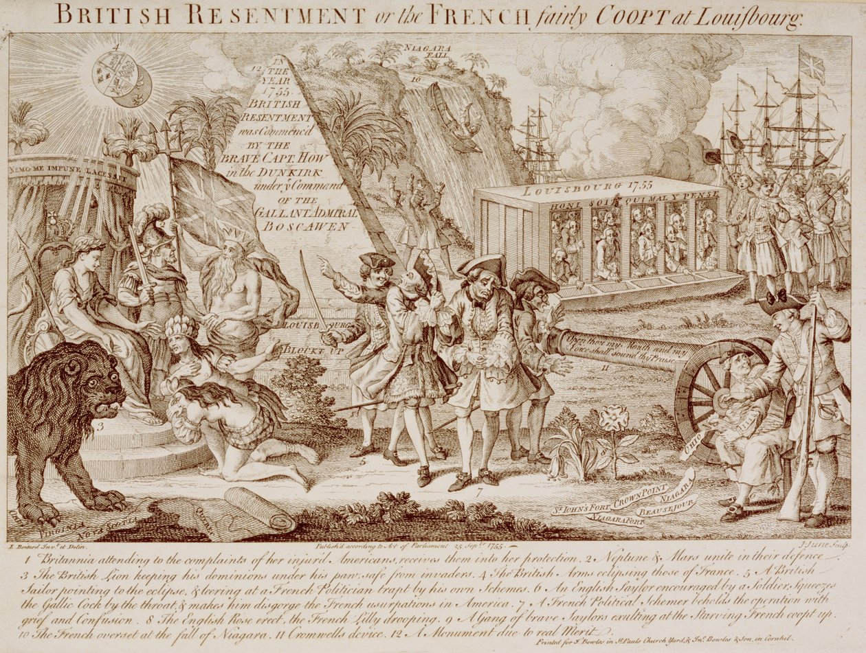 British Resentment eller, den franske Fairly Coopt i Louisbourg, offentliggjort 25. september 1755 (se også 251585) af Louis Philippe after Boitard
