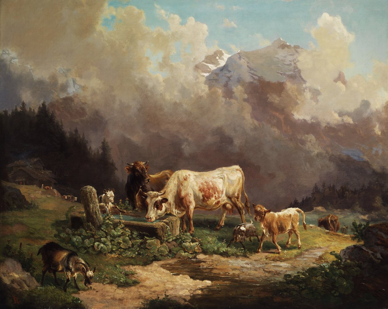 Kvæg i de høje bjerge ved vandingsstedet af Louis Reinhardt
