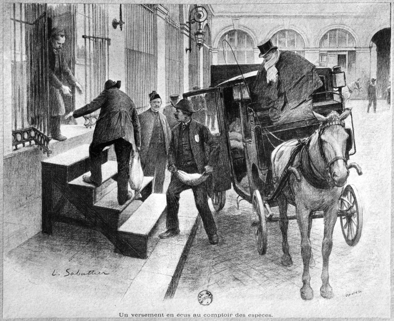 Et depositum af kroner ved kassen, indgraveret af Chaivire (1800-tallet) 1897 af Louis Remy Sabattier