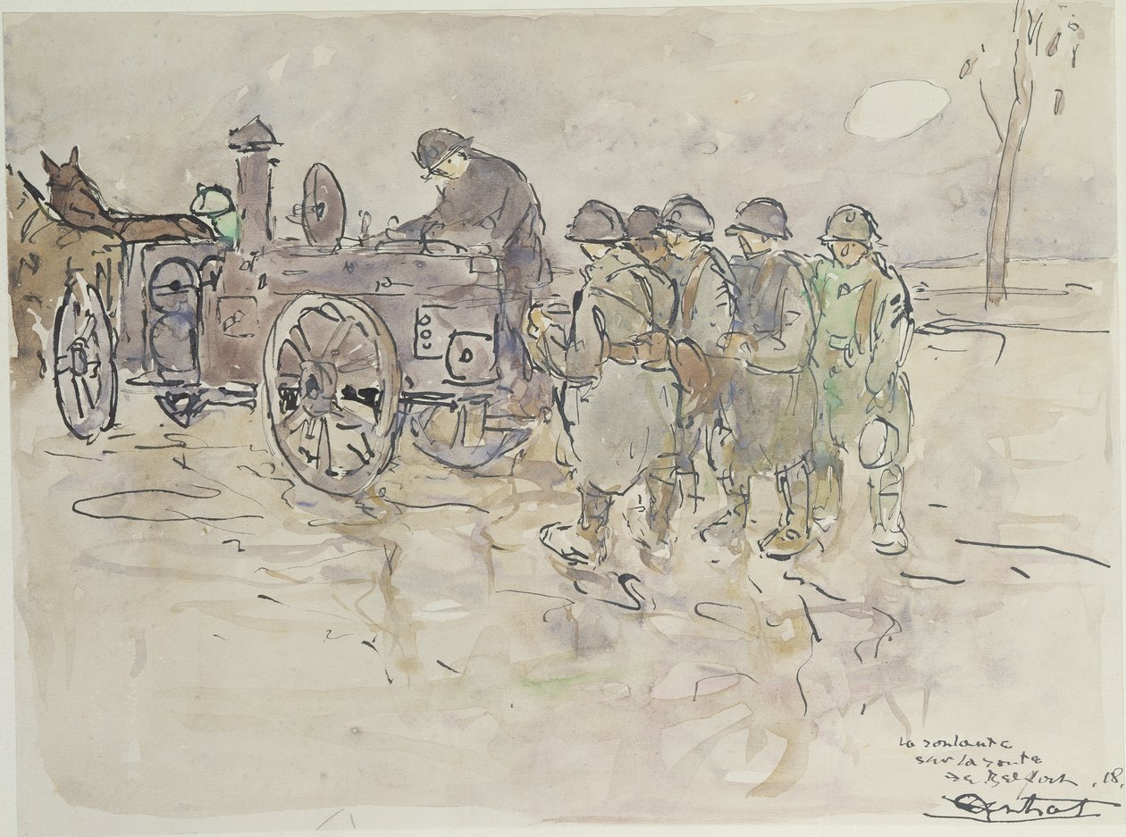 Markkøkken på vejen til Belfort, 1918 (pen og blæk og wc på papir) af Louis Robert Antral