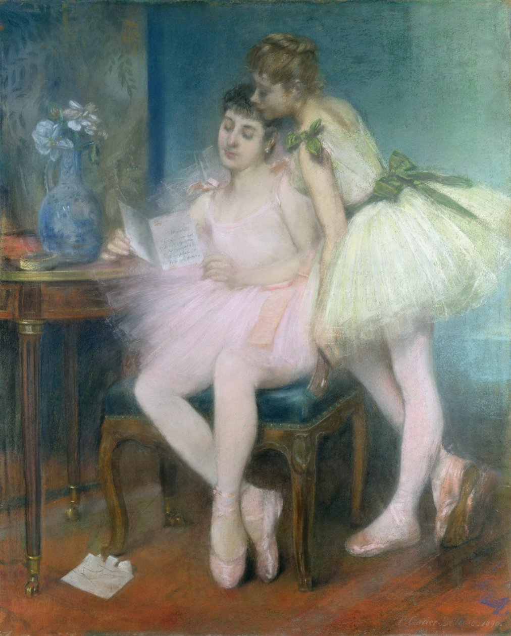 La Lettre (Brevet) 1890 (pastel på papir lagt på lærred) af Louis Robert Carrier Belleuse