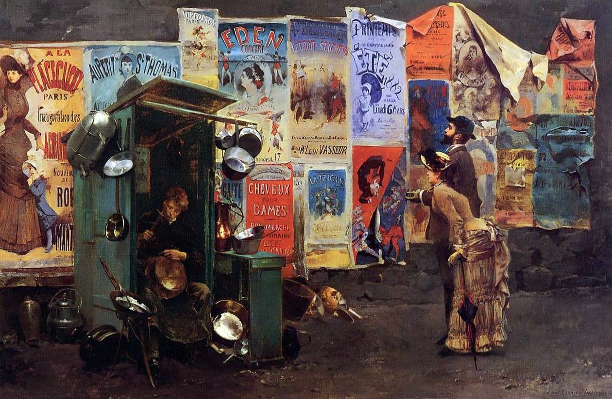 Plakater på en væg og en mand, der reparerer metalkrukker, 1882 af Louis Robert Carrier Belleuse