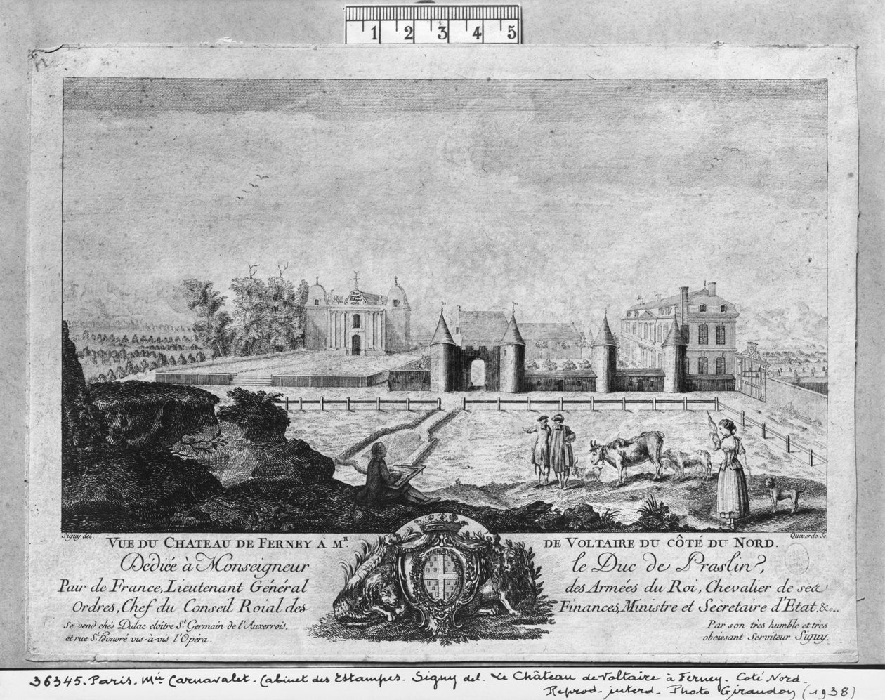 Voltaires hus i Ferney, nordsiden, graveret af Francois, Maria, Isidore Queverdo (1748-97) af Louis Signy