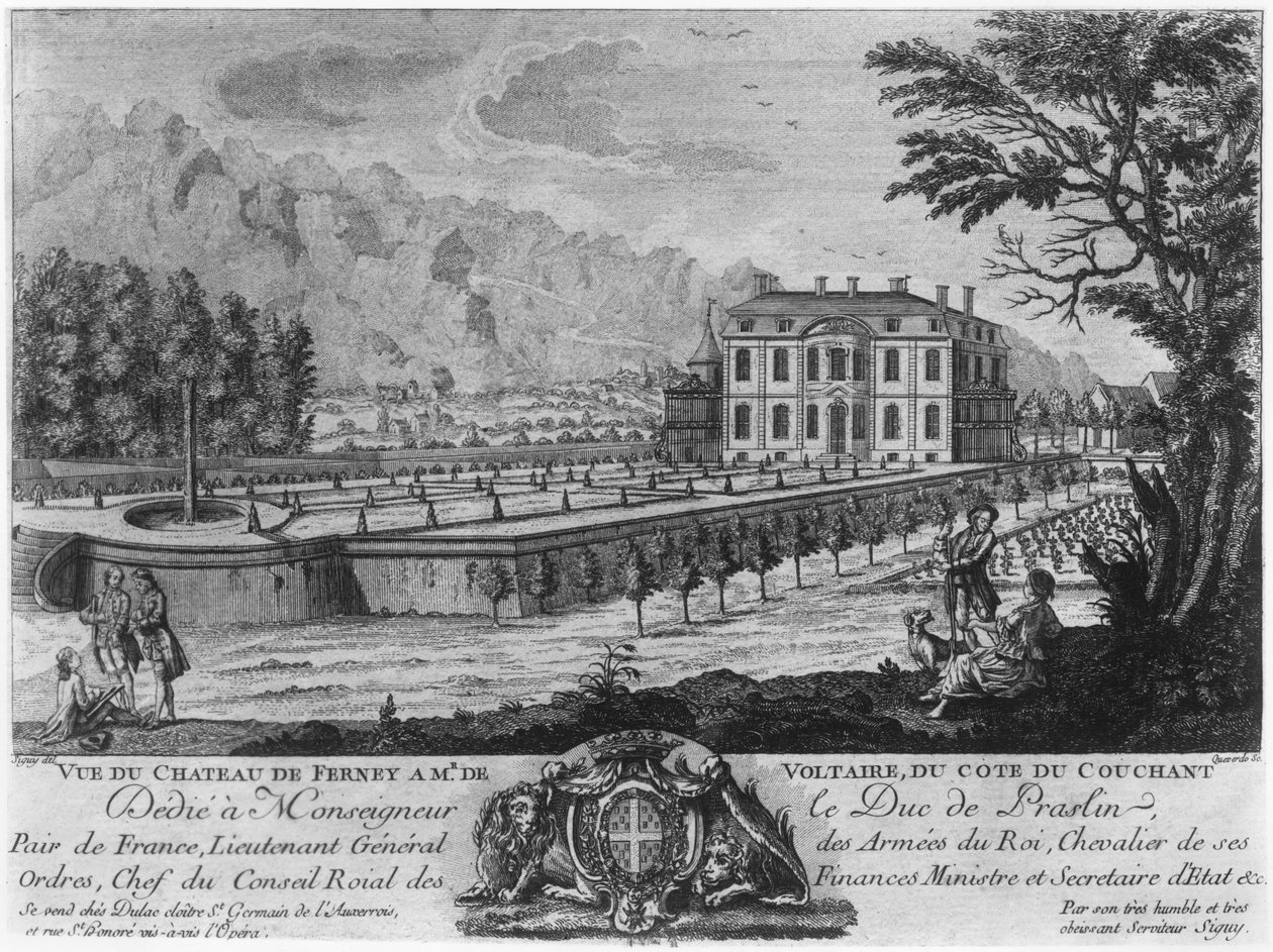 Voltaires hus i Ferney, vestsiden, graveret af Francois, Maria, Isidore Queverdo (1748-97) af Louis Signy