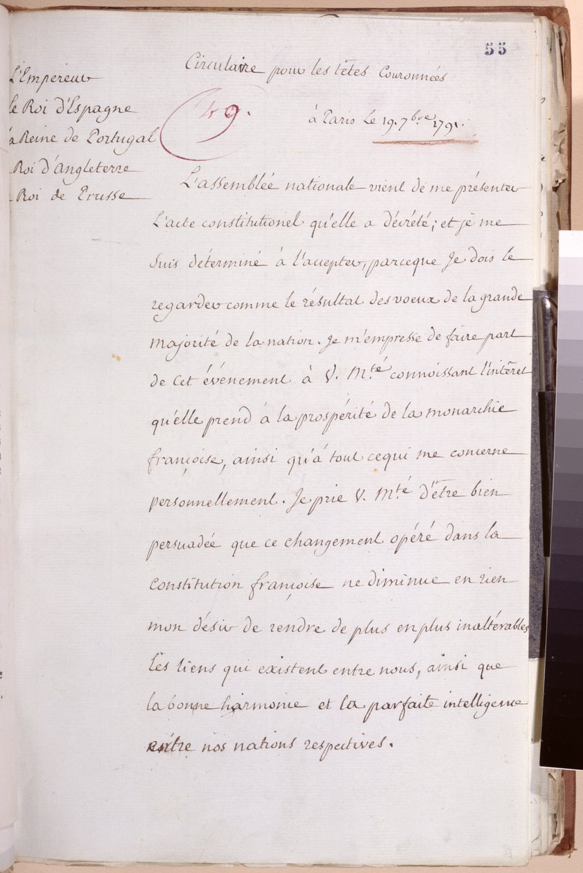 Brev til de europæiske suveræner skrevet af Louis XVI (1754-93), der forklarer hans beslutning om at acceptere forfatningen af 1791, 19. juli 1791 af Louis XVI