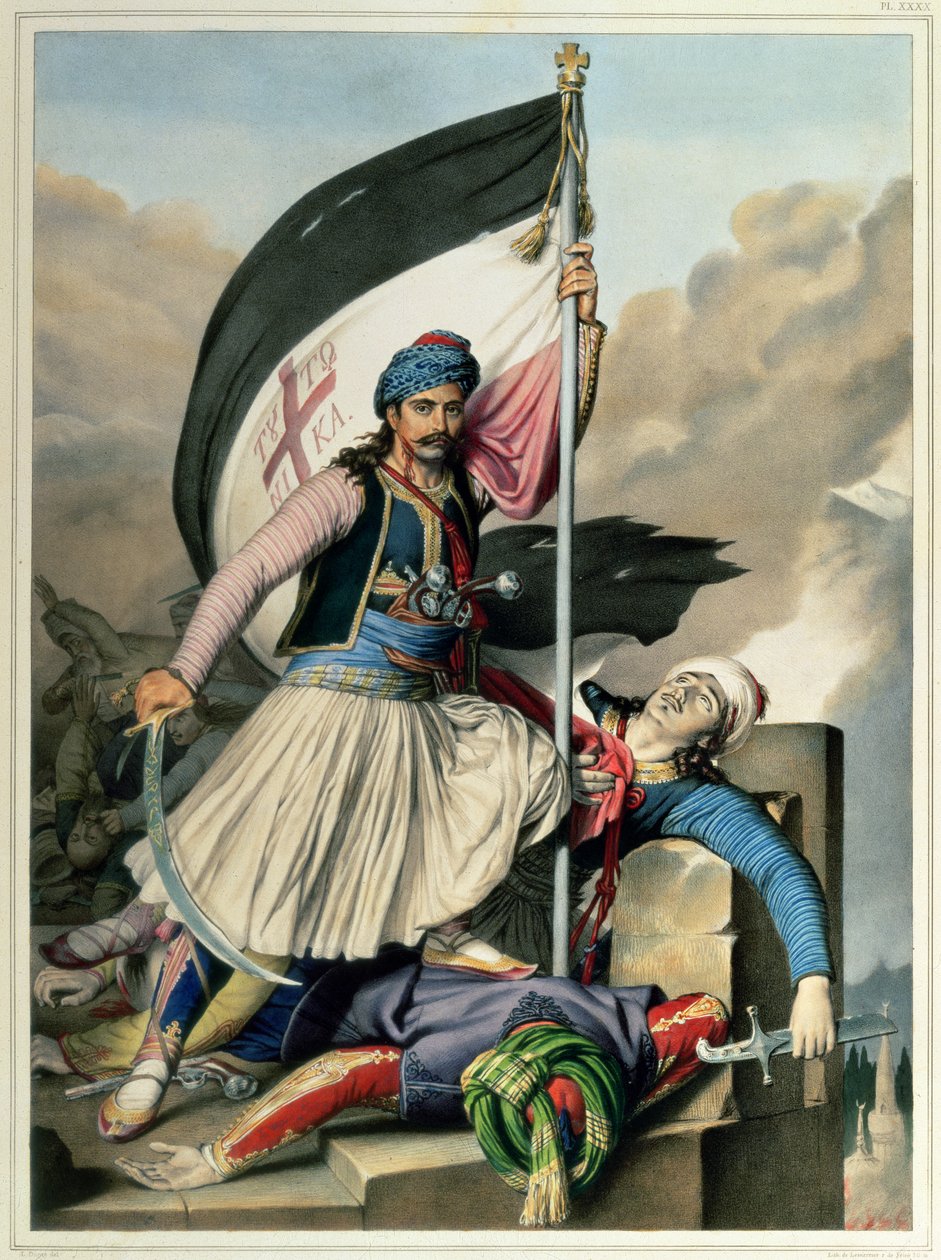 Rejse til Athen og Konstantinopel: Nickolaki Mitropolos tager korsets standard i Salona påskedag i 1821, 1825 af Louis after Dupre