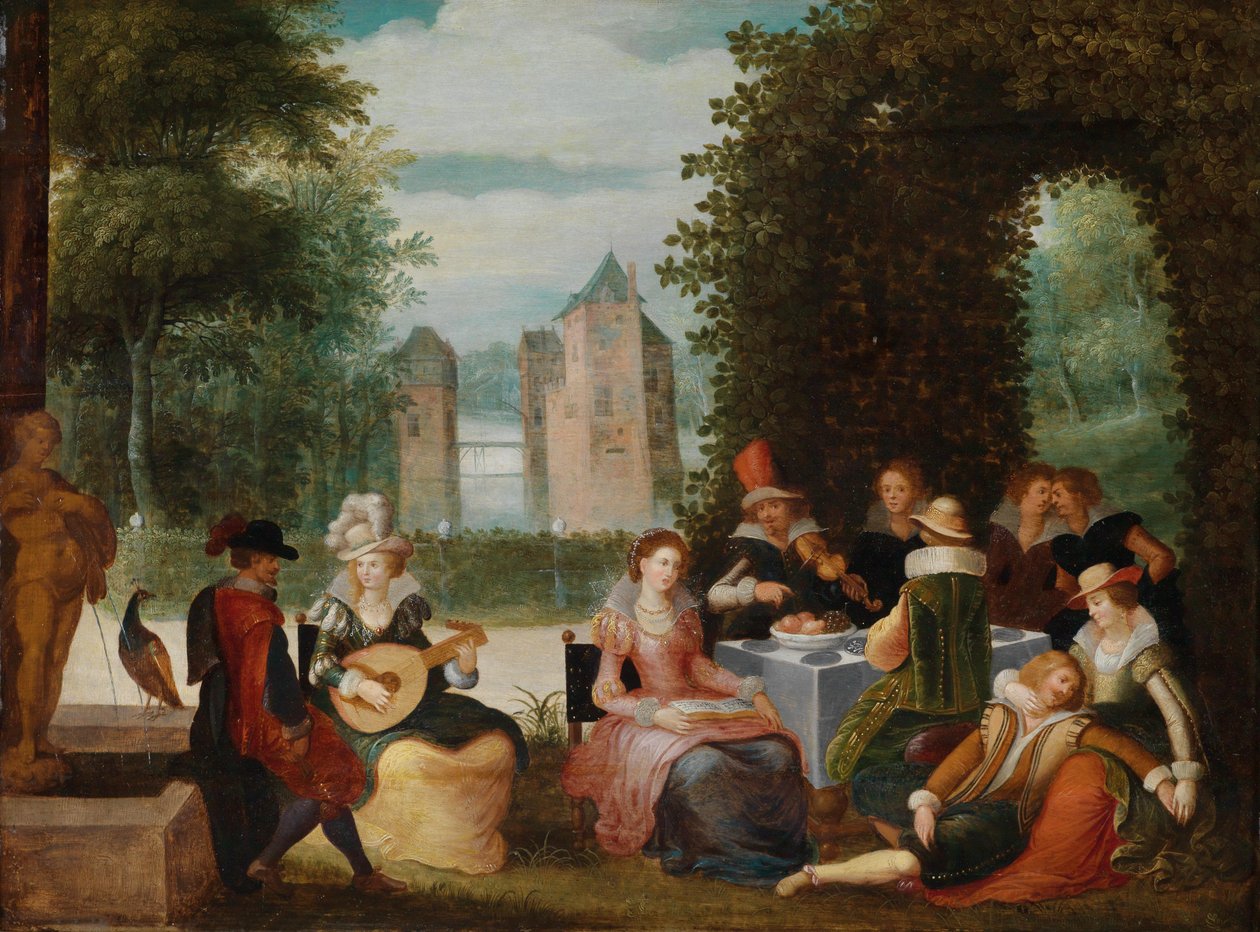 Elegant musikskabende firma i en park af Louis de Caullery